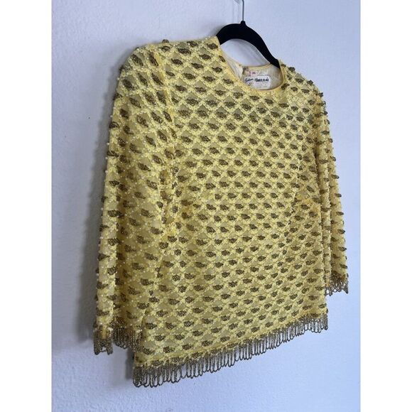 Creations by Harilela Vintage 60s Yellow Sequins Top 36 Lambswool Beaded Fringe - Picture 10 of 12